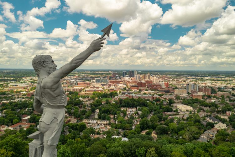 Aerial View of Vulcan Statue overlooking downtown Birmingham, AL